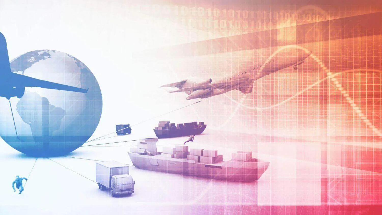 Global transportation logistics with airplane, ship, and truck