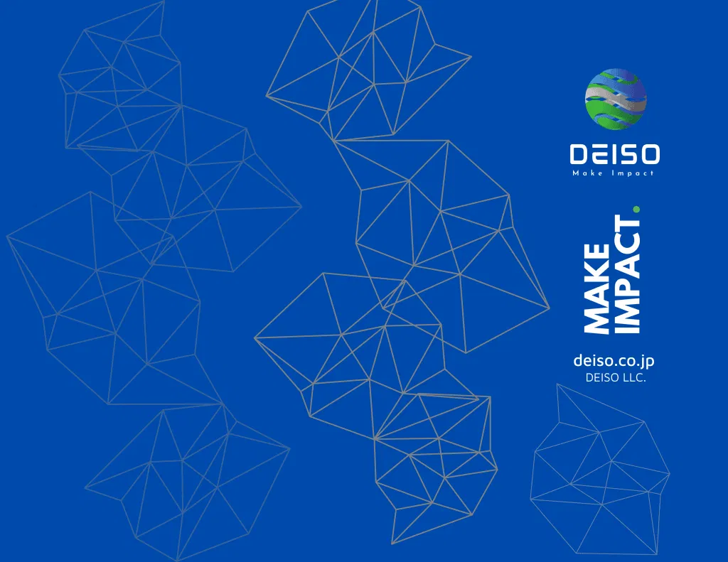 DEISO logo and abstract geometric design on blue
