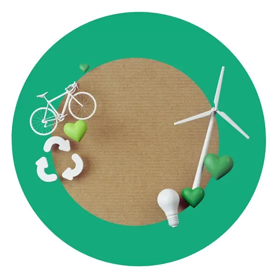 Eco-friendly icons: bike, wind turbine, recycling symbols.