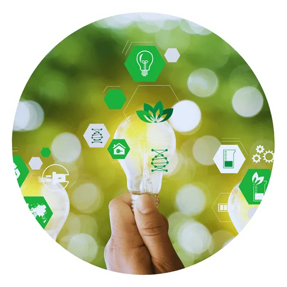 Hand holding eco-friendly lightbulb with green icons.