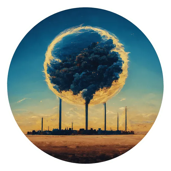 Surreal industrial cityscape with smokestacks and planet.