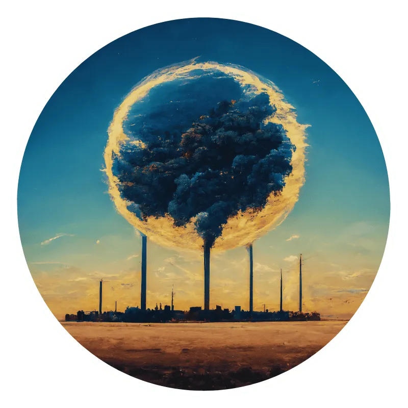 Surreal industrial cityscape with smokestacks and planet.