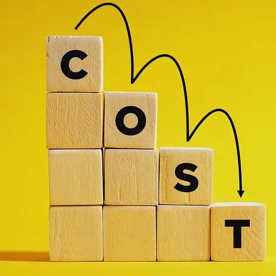 Stacked blocks spelling 'COST' on yellow background.