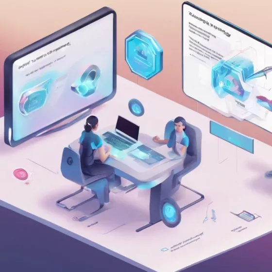 Futuristic workspace with digital screens and holograms.