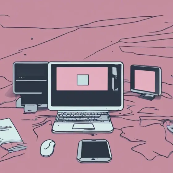 Digital workspace with devices on pink background
