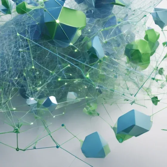 Abstract network of interconnected green and blue shapes.