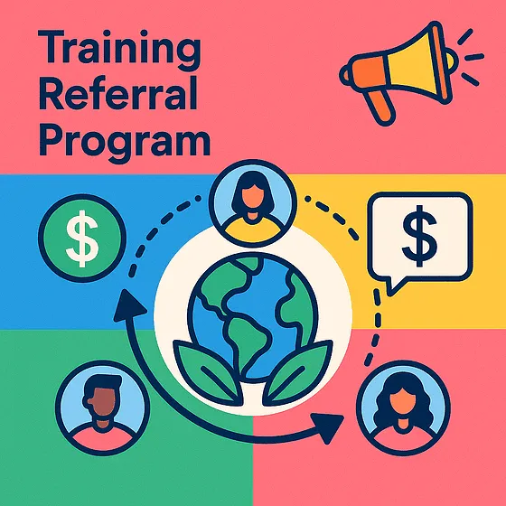 Training referral program with globe and people icons.