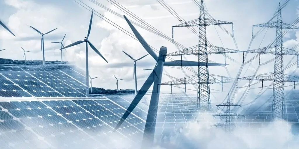 Renewable energy: wind turbines, solar panels, power lines.