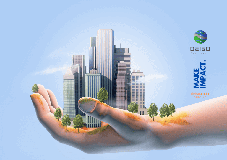 Hand holding a cityscape with trees