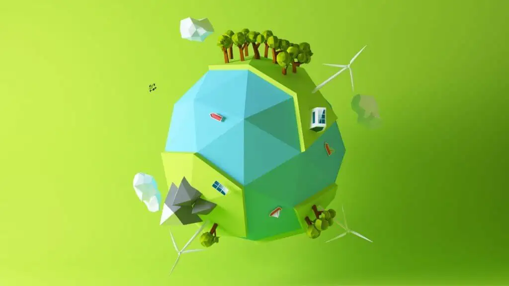 Low-poly Earth with trees and wind turbines.