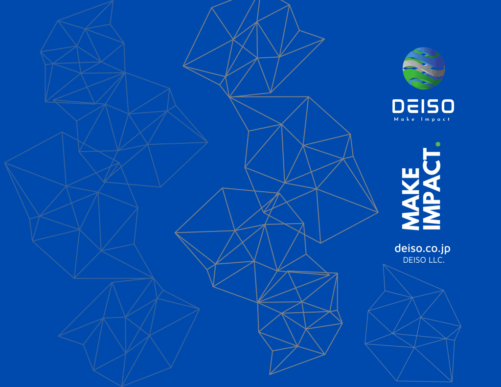 DEISO logo and abstract geometric design on blue