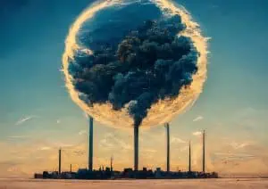 Surreal factory emitting smoke toward a planet