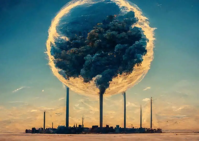 Industrial smoke forming a giant sphere in sky.