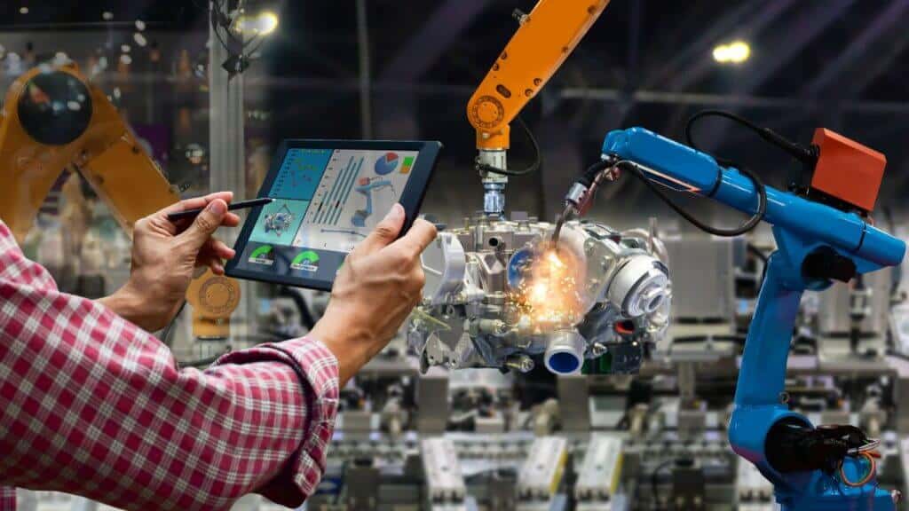 Robotic arm operating in smart manufacturing factory
