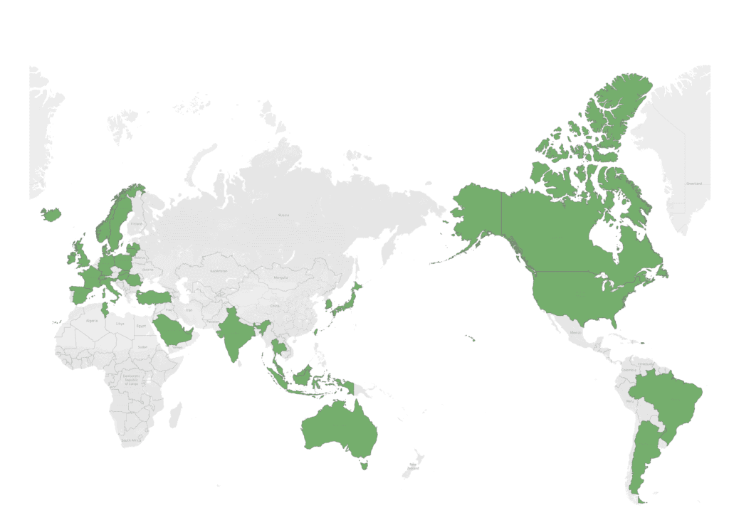World map highlighting certain countries in green.