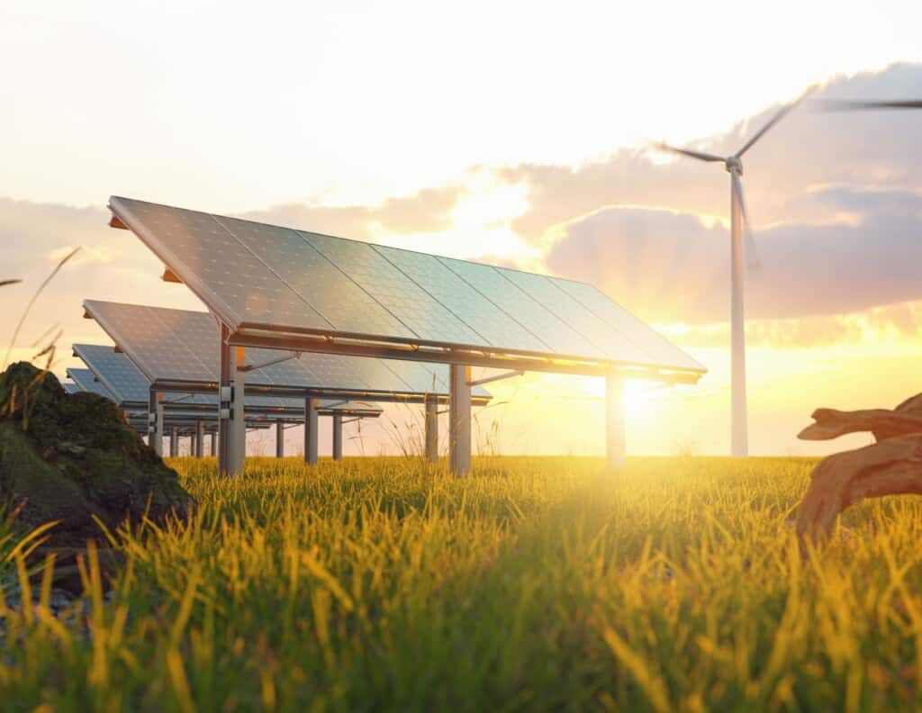 Solar panels and wind turbine at sunrise
