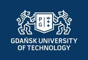 Logo dell'Università Tecnologica di Danzica su sfondo blu.