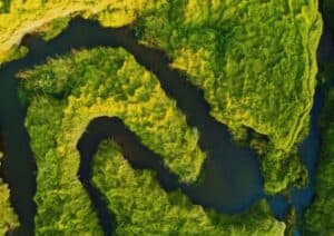 Aerial view of winding river through green landscape.
