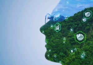 Silhouette with eco icons over forest background.