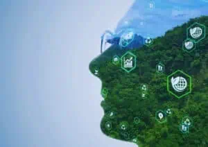 Silhouette with eco icons over forest background.