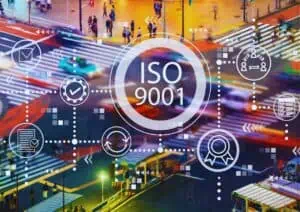 ISO 9001 illustration with busy street background