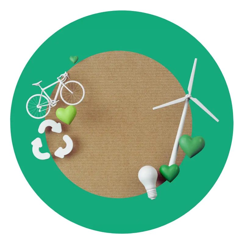 Eco-friendly symbols: bike, recycling, wind, and light bulb.