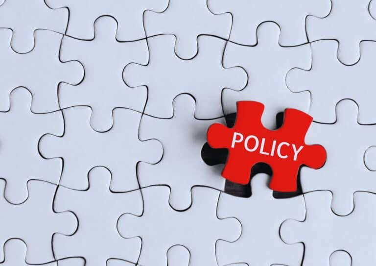 Red puzzle piece labeled 'Policy' on white pieces.