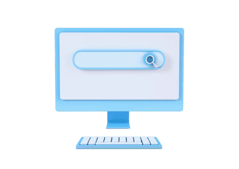 3D computer with search bar and magnifying glass