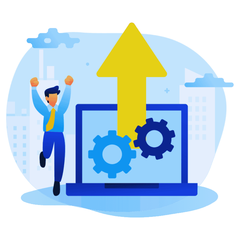 Business growth concept with gears and upward arrow