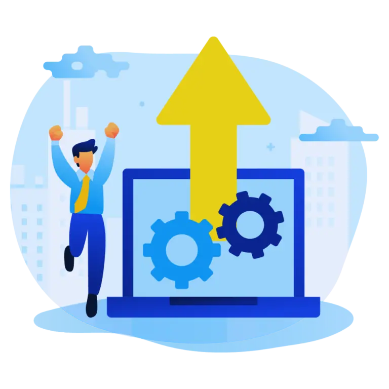 Business growth concept with gears and upward arrow