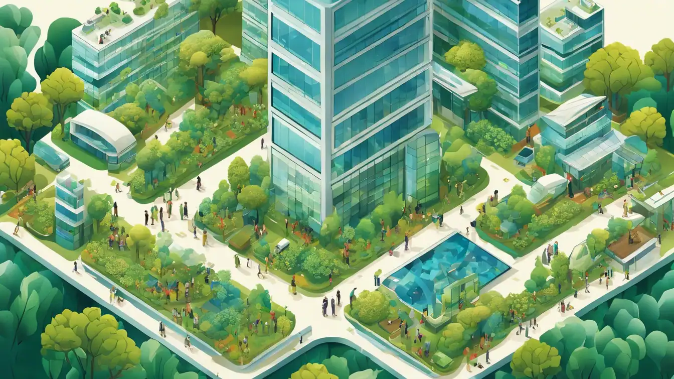 Futuristic urban park with skyscrapers and greenery