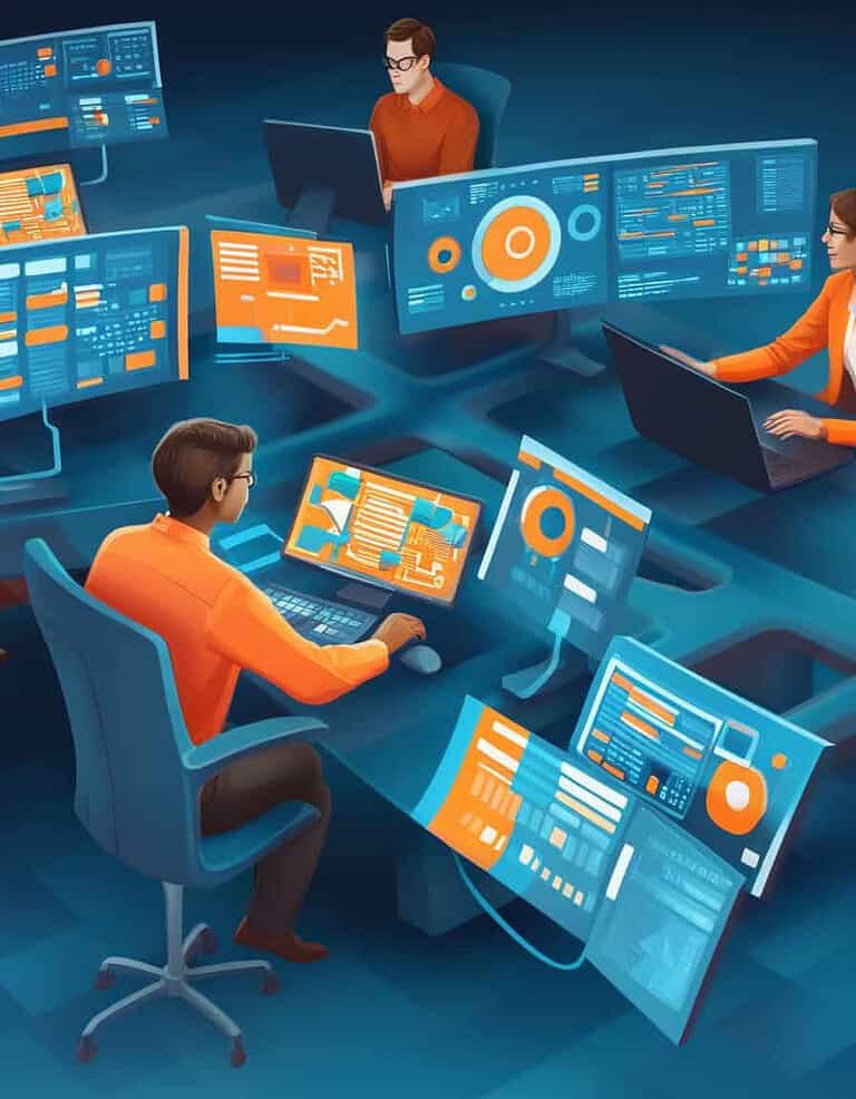 People analyzing data on multiple computer screens.