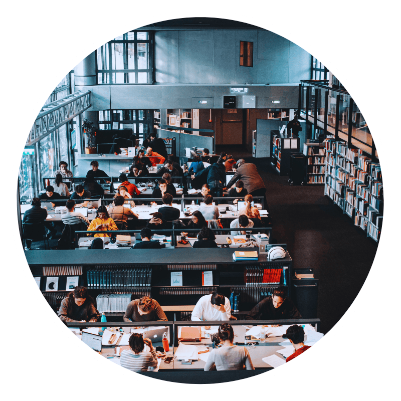 Students studying in a large, busy library.