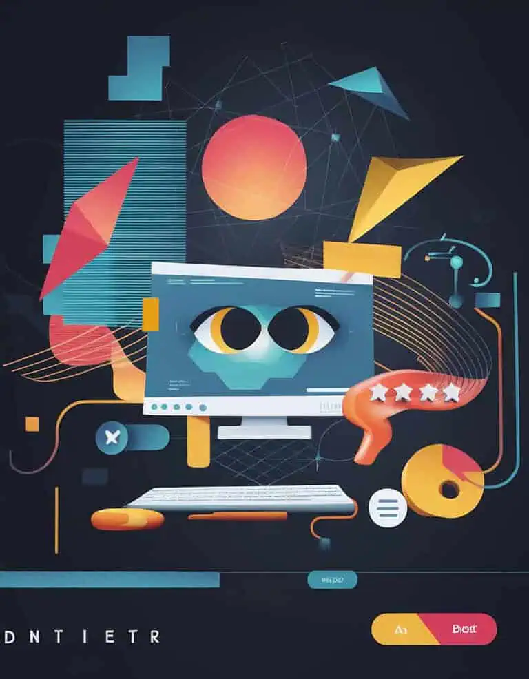 Colorful digital art of abstract shapes and symbols.