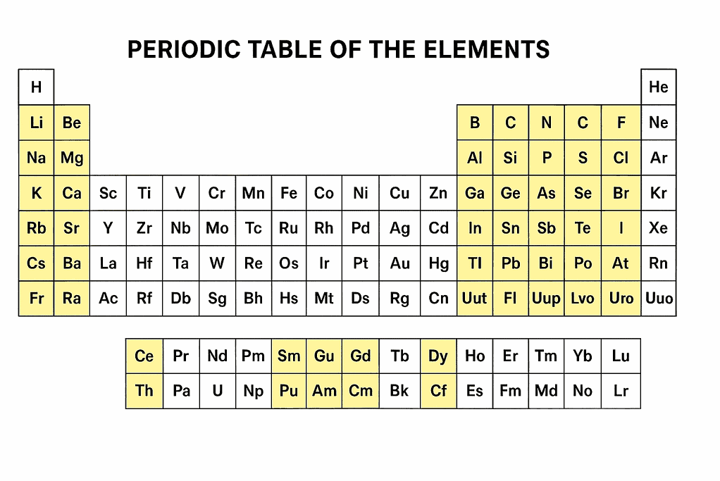 Periodic table showing chemical element symbols.