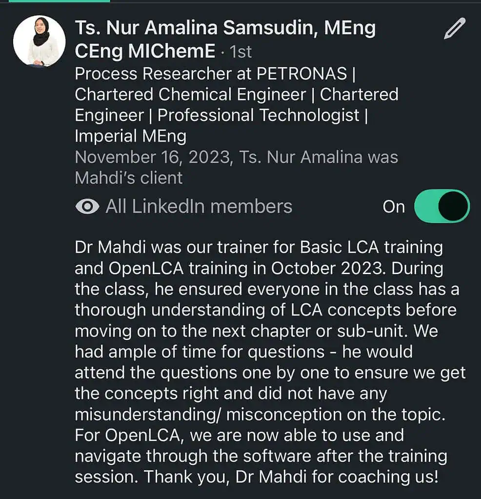 LinkedIn post about LCA training by Dr. Mahdi.