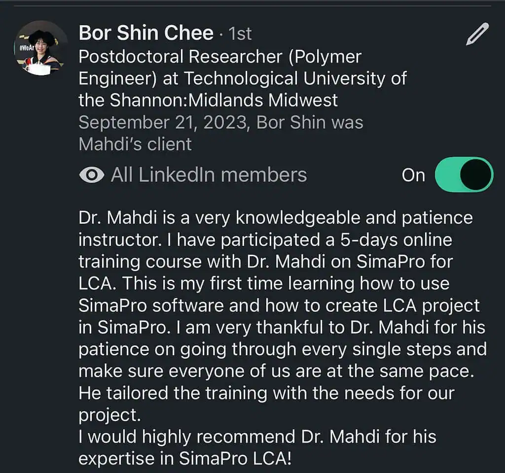 Dr. Mahdi praised for SimaPro LCA training expertise.