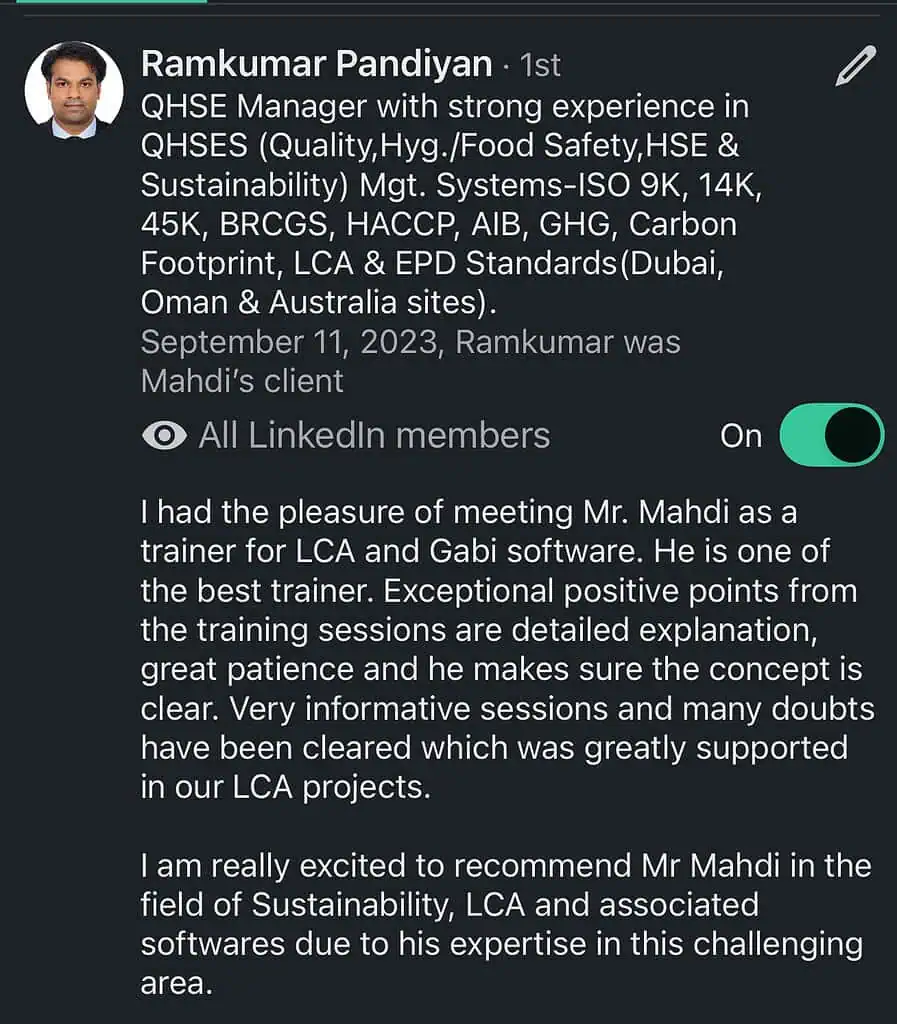 LinkedIn recommendation for sustainability and LCA expertise.