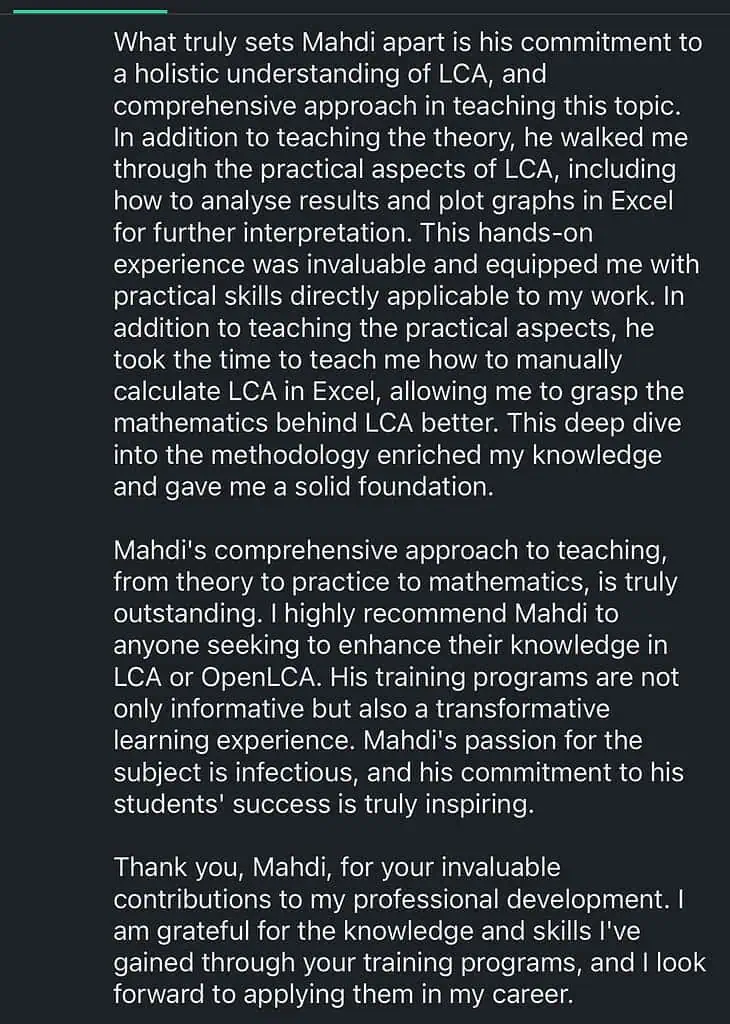 Mahdi teaches LCA with theory and practical skills.