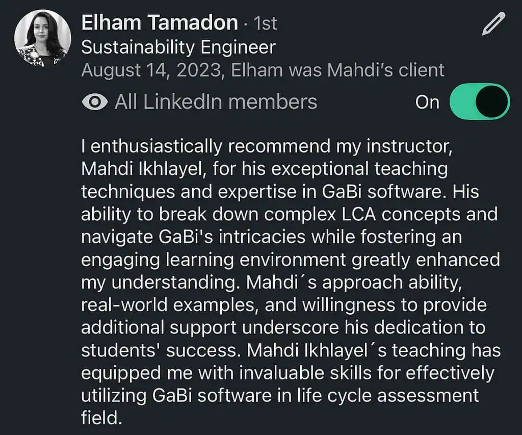 Testimonial recommending instructor's GaBi software expertise.