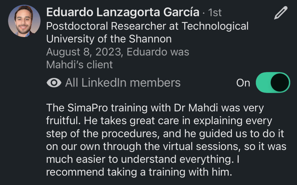 LinkedIn review praising SimaPro training with Dr. Mahdi.