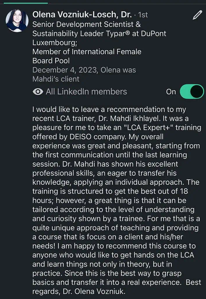 LinkedIn profile with recommendation by Olena Vozniuk-Losch.