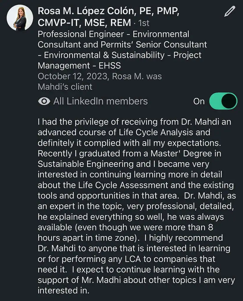 LinkedIn post about Life Cycle Assessment course experience.