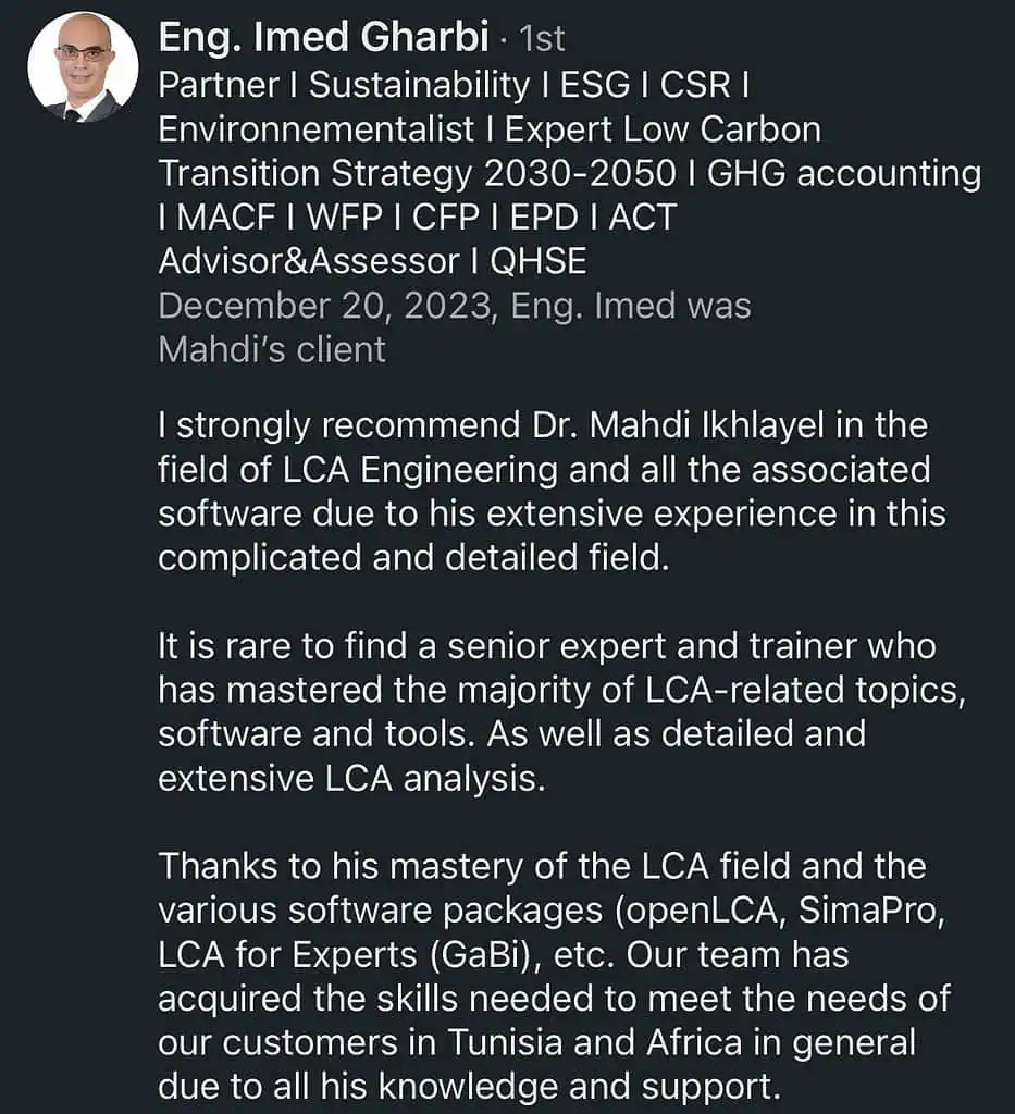 Imed Gharbi recommends expert in LCA Engineering.
