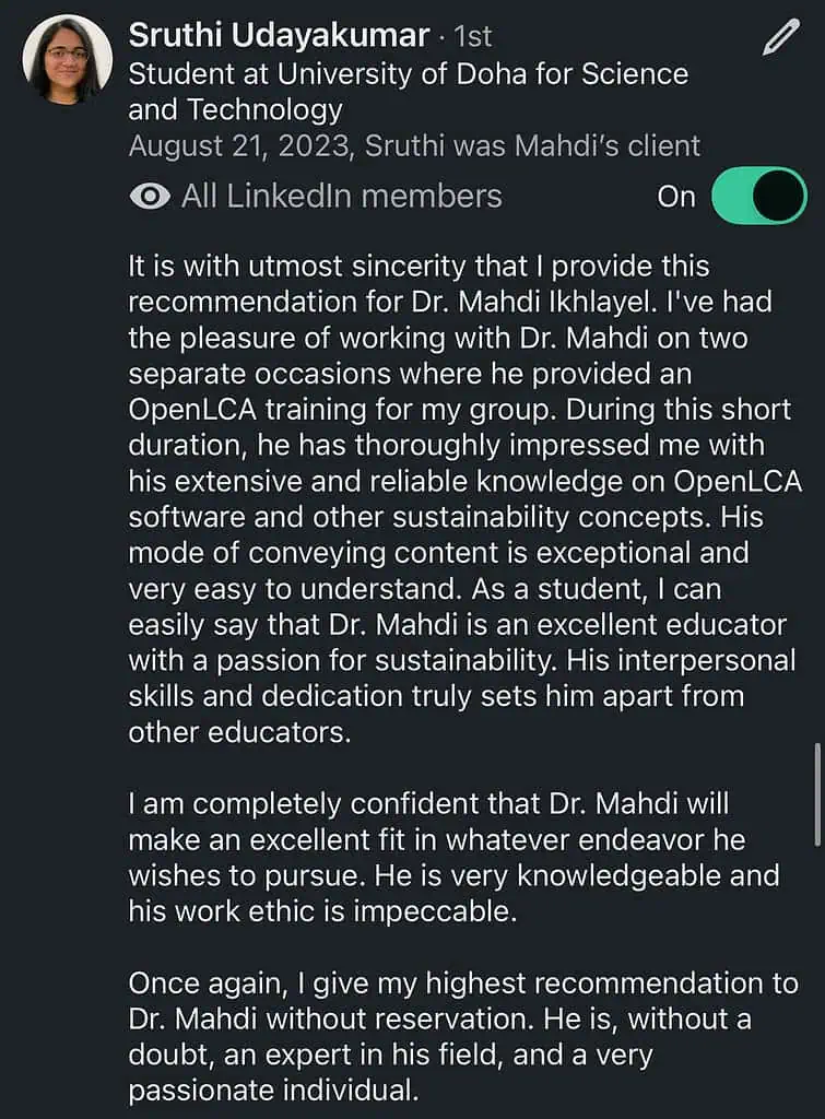 LinkedIn profile recommendation for Dr. Mahdi Ikhlayel.