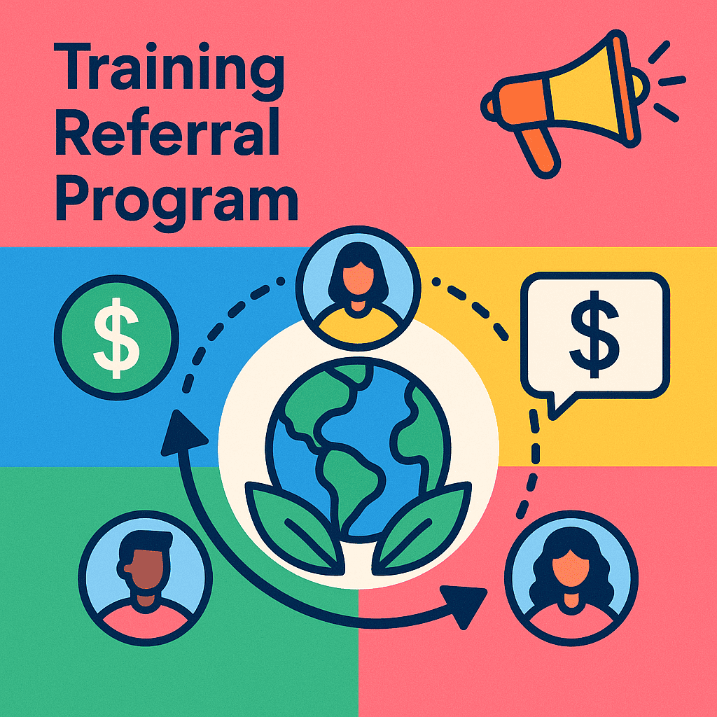 Training referral program with globe and people icons.