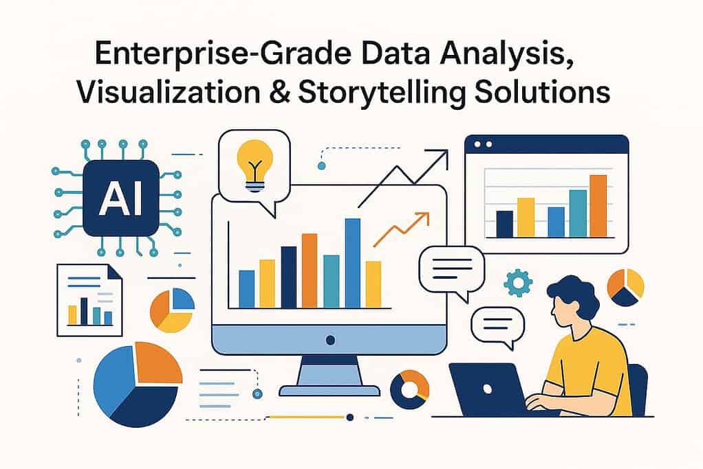 Data visualization and AI technology illustrated scene.