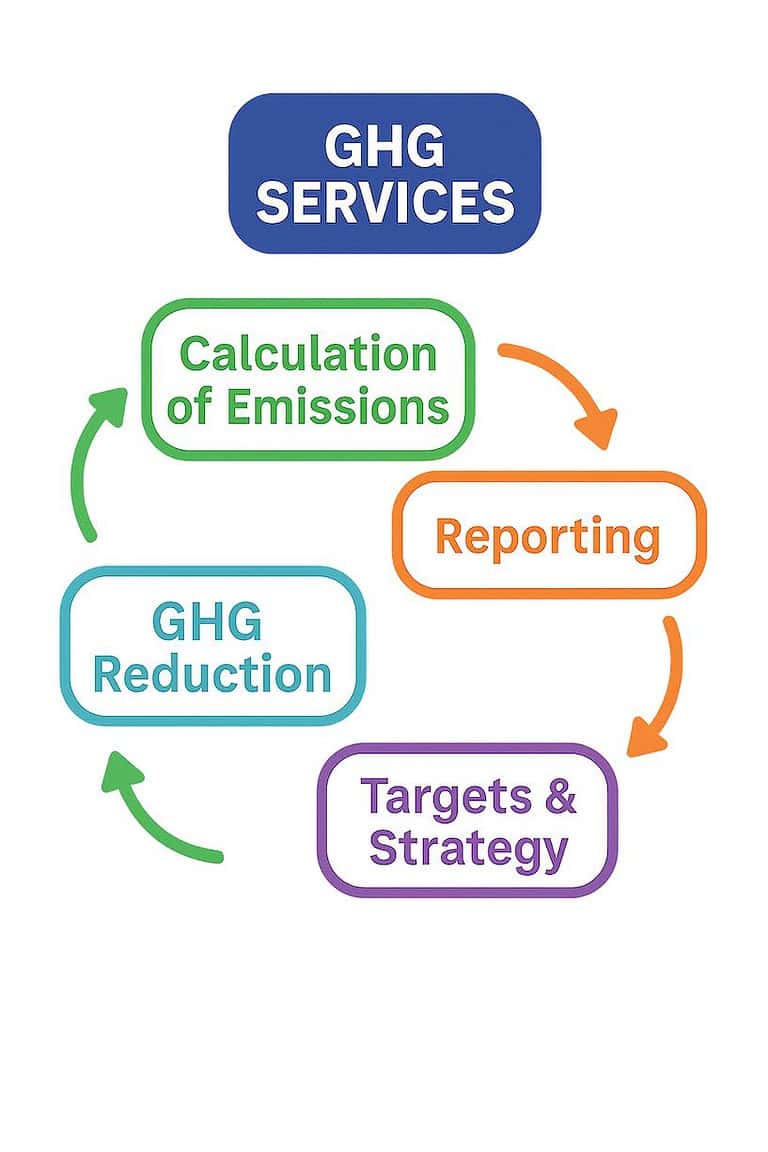 GHG services process: calculation, reporting, reduction, strategy.