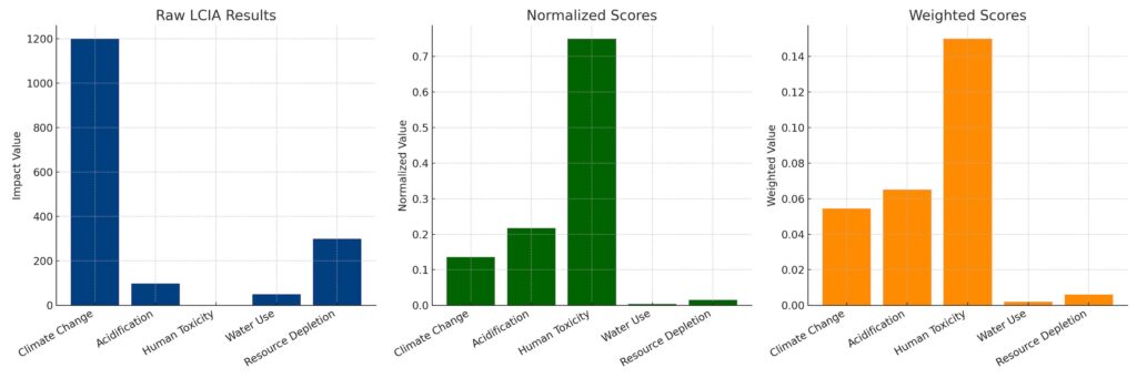Bar charts comparing environmental impact scores.