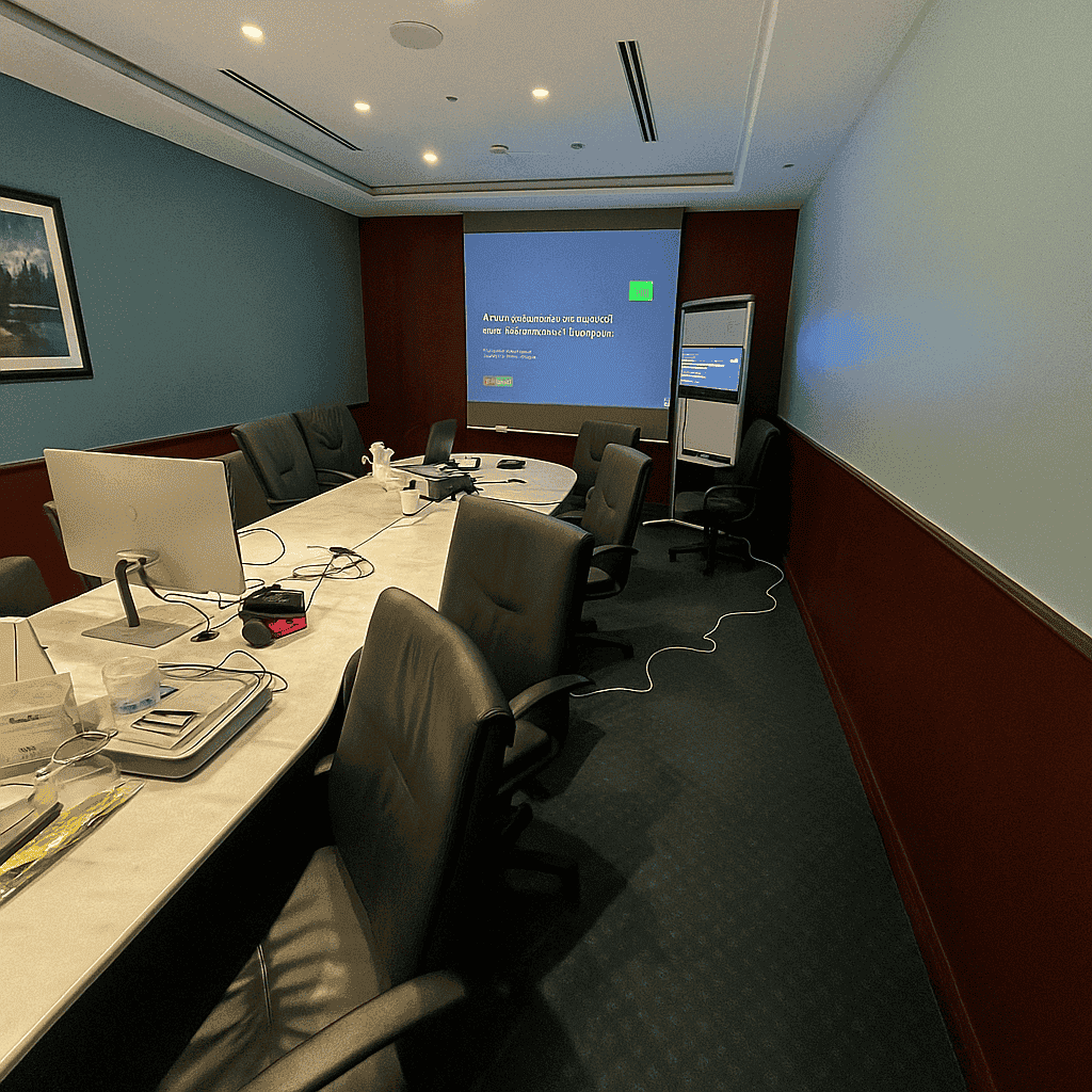 Conference room with projector and seating setup.
